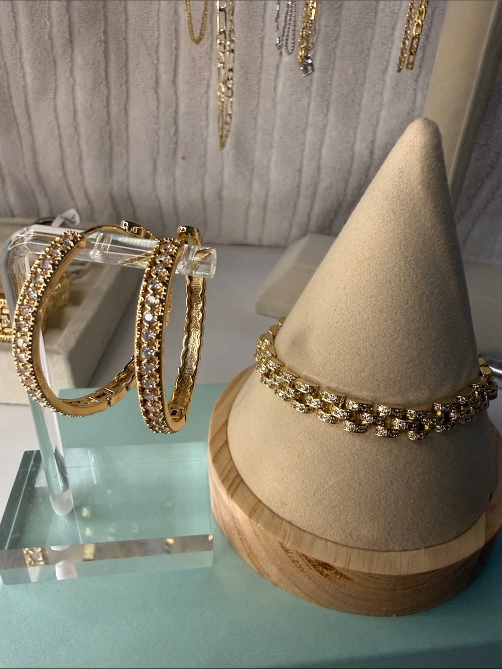 Gold CZ Hoop Earrings and Bracelet Set - Elegant Womens Jewelry